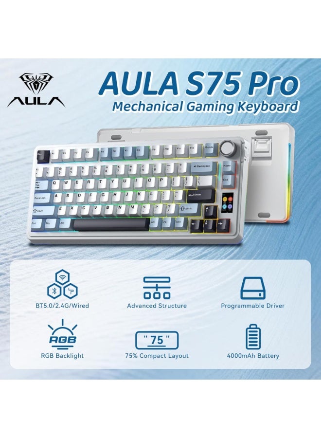 AULA S75 PRO Wireless Gaming Keyboard with Screen&Knob, Tri-Mode Hot Swappable Gaming Keyboard 75%, Astral Switches, RGB Backlit, Side Printed PBT Keycaps, Creamy Sounding Computer Keyboards - Image 1